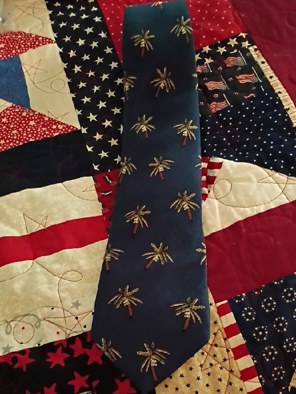 Navy Tie with Embroidered Palm Trees